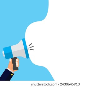 Hand holding megaphone with bubble for discussion on blue background. space for text. flat style vector illustration