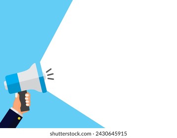 Hand holding megaphone with bubble for discussion on blue background. space for text. flat style vector illustration