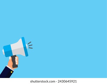 Hand holding megaphone with bubble for discussion on blue background. space for text. flat style vector illustration