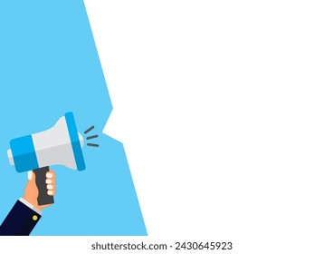 Hand holding megaphone with bubble for discussion on blue background. space for text. flat style vector illustration