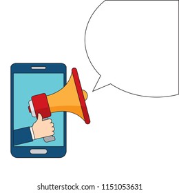 Hand holding megaphone with bubble speech - mobile phone advertising concept