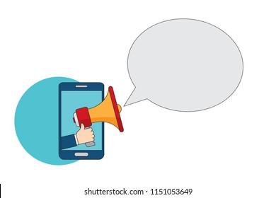Hand holding megaphone with bubble speech - mobile phone advertising concept