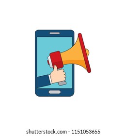 Hand holding megaphone with bubble speech - mobile phone advertising concept
