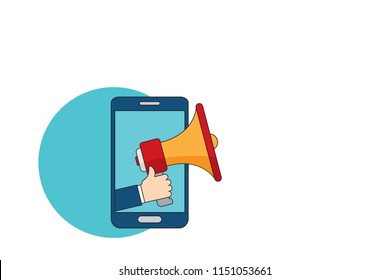 Hand holding megaphone with bubble speech - mobile phone advertising concept