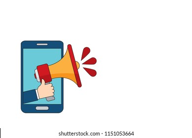 Hand holding megaphone with bubble speech - mobile phone advertising concept