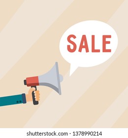 Hand holding megaphone with bubble speech sale text. Loudspeaker banner for business, marketing and advertising. Vector illustration.