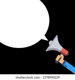 Hand holding megaphone with bubble speech. Loudspeaker banner for business, marketing and advertising. Vector illustration.