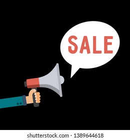 Hand holding megaphone with bubble speech sale text. Loudspeaker banner for business, marketing and advertising. Vector illustration.