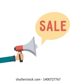 Hand holding megaphone with bubble speech sale text. Loudspeaker banner for business, marketing and advertising. Vector illustration.