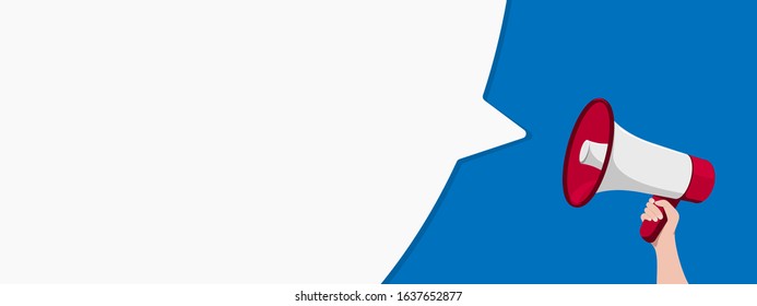Hand holding megaphone with bubble speech. Vector illustration