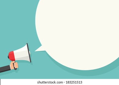Hand holding megaphone with bubble speech