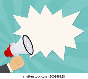 Hand holding a megaphone with bubble speech. Business concept