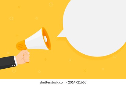 Mano sosteniendo megáfono con discurso de burbuja, anuncio importante, mensaje. Diseño plano vectorial