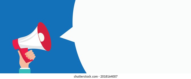 Hand holding megaphone with bubble speech. Vector illustration
