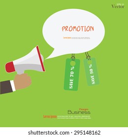 Hand holding megaphone with bubble speech and tag. promotion background. vector illustration.