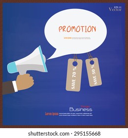 Hand holding megaphone with bubble speech and tag on chalkboard.promotion background.vector illustration.