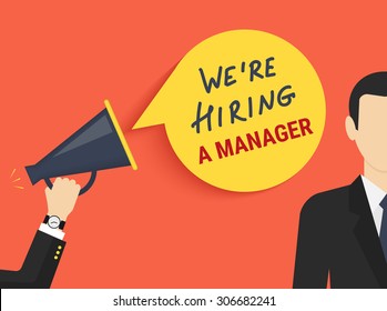 Hand holding megaphone with bubble speech hiring a manager