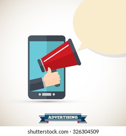 Hand holding megaphone with bubble speech - mobile phone advertising concept