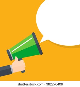 Hand holding megaphone with bubble speech