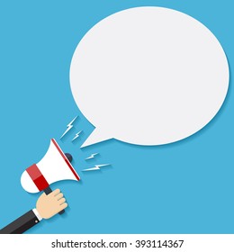 Hand holding megaphone with bubble speech on the blue background.