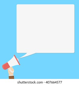 Hand holding megaphone with bubble speech on the blue background.