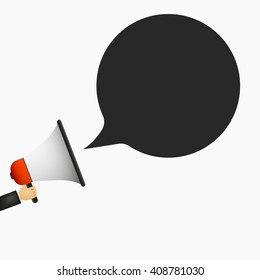 Hand holding megaphone with bubble speech