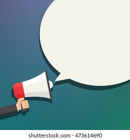 Hand holding megaphone with bubble speech on blur background. Motivational poster, banner, template. Flat design Vector Illustration. Colorful attract attention graphic