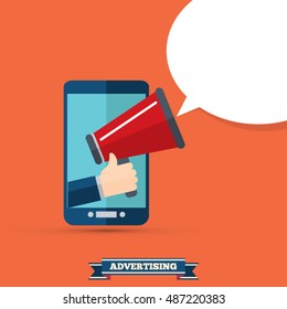 Hand holding megaphone with bubble speech - mobile phone advertising concept