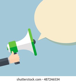 Hand holding megaphone with bubble speech
