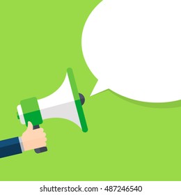 Hand holding megaphone with bubble speech