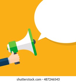 Hand holding megaphone with bubble speech