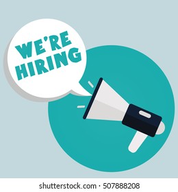 Hand holding megaphone with bubble speech hiring template.