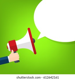 Hand holding megaphone with bubble speech