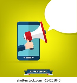 Hand holding megaphone with bubble speech - mobile phone advertising concept 