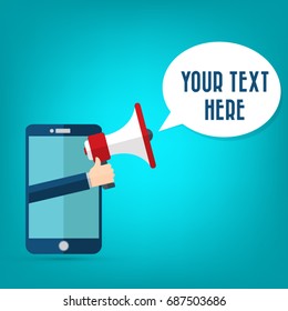 Hand holding megaphone with bubble speech - mobile phone advertising concept