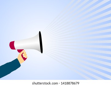 hand holding megaphone or bullhorn against light blue background vector illustration