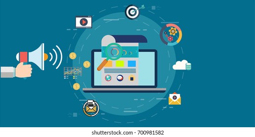 Hand holding megaphone and business media icons. digital marketing flat style vector illustration