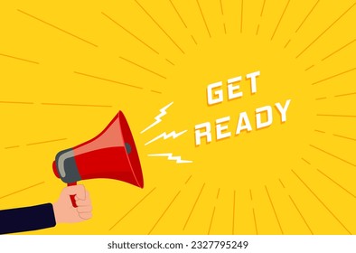 Hand holding a megaphone. Cartoon flat style. Megaphone bubble for social media marketing concept. Business concepts with get ready text. Vector announce for marketing. Place your text here. 