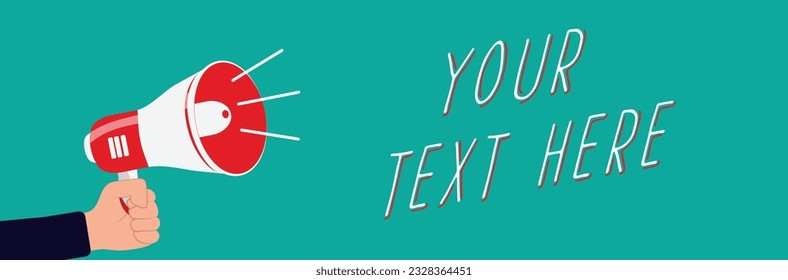 Hand holding a megaphone. Cartoon flat style. Megaphone bubble for social media marketing concept. Business concepts with text. Vector announce for marketing. Place your text here. 