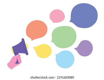 Hand holding megaphone with colorful blank speech bubbles isolated on white background. Template for message, presentation, announcement, communication, advertising. Flat vector illustration.