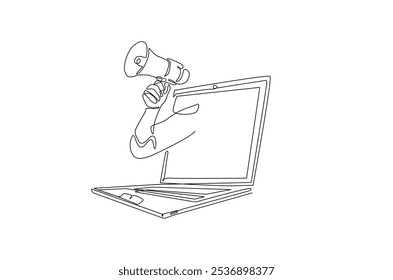 Hand holding megaphone come out from notebook drawing in continuous one line drawing. Note book and megaphone in single line art illustration. Editable vector.  