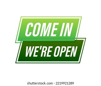 Hand Holding Megaphone with come in we are open. Megaphone banner. Web design. Vector stock illustration.