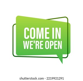 Hand Holding Megaphone with come in we are open. Megaphone banner. Web design. Vector stock illustration.