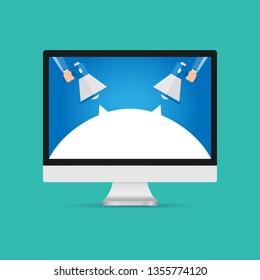 Hand holding megaphone coming out from laptop. Digital marketing
