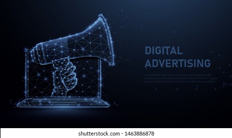 Hand holding megaphone coming out from laptop. Digital marketing, social media, network and advertising concept