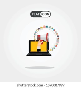 Hand holding megaphone coming out from laptop, digital marketing vector concept. Vector flat design illustration.