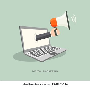 Hand holding megaphone coming out from laptop. Digital marketing