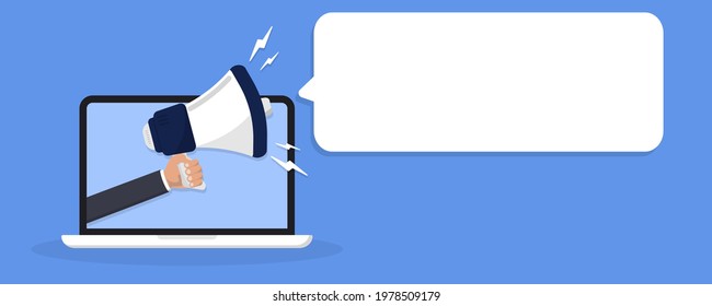 Hand holding megaphone coming out from laptop. Digital marketing, internet targeted, promotional campaign, online notification, e-marketing, internet promo, online advertisement. laptop with megaphone