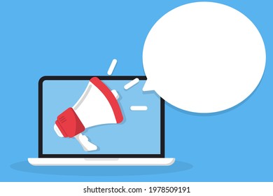 Hand holding megaphone coming out from laptop. Digital marketing, internet targeted, promotional campaign, online notification, e-marketing, internet promo, online advertisement. laptop with megaphone