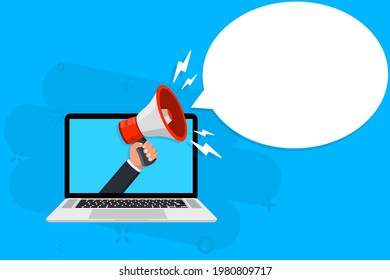 Hand holding megaphone coming out from laptop. Digital marketing, internet targeted, promotional campaign, online notification, e-marketing, internet promo, online advertisement. laptop with megaphone